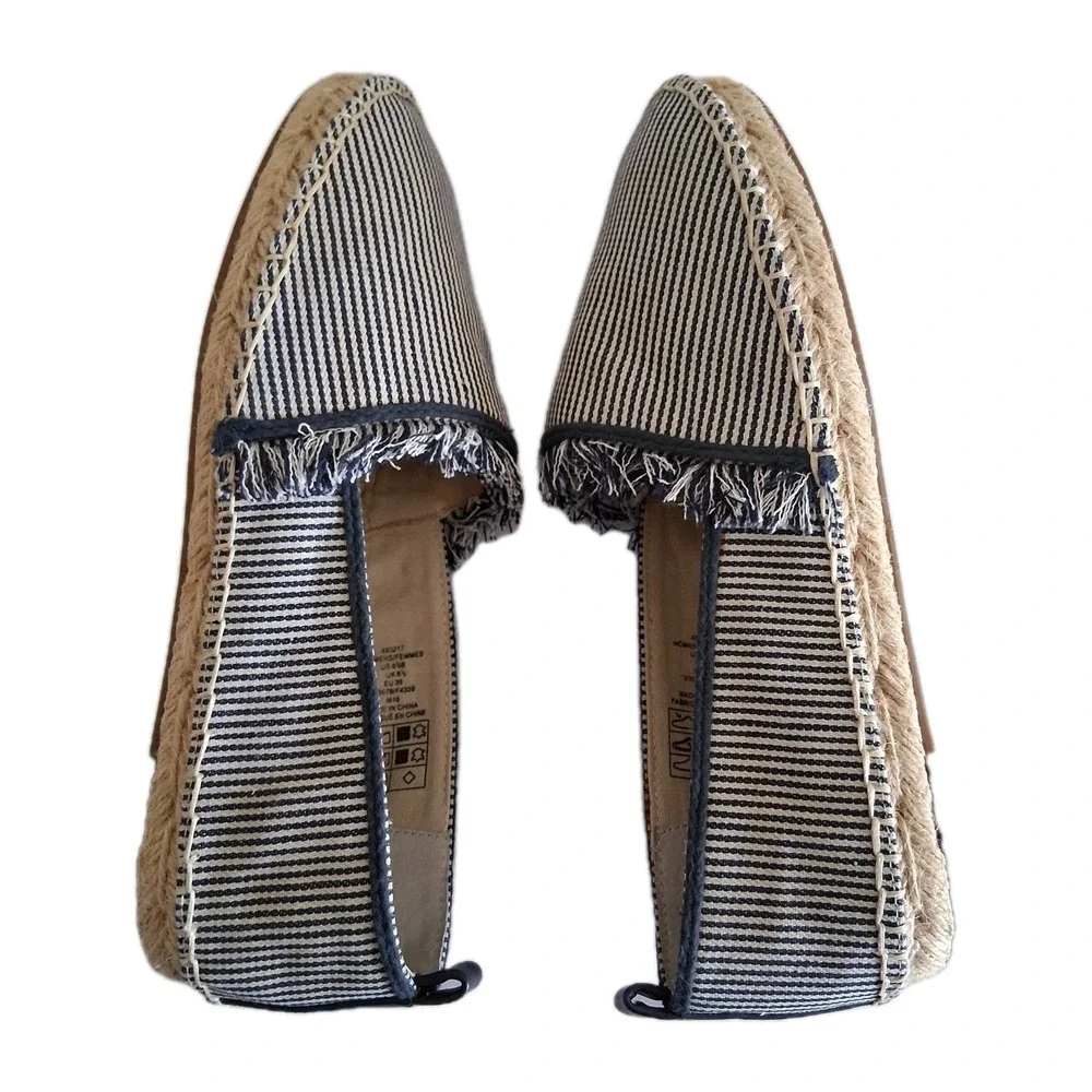 LANDS END Womens Slip-On Espadrille Flats Blue/White Fringe Denim Canvas Sz 8.5B